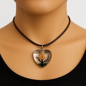 Heart-Shaped Floral Pendant Tree Necklace 18" Brown Cord Fashion Jewelry